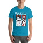 A person wearing a bright blue t-shirt with graphic artwork featuring characters from a series labeled Akatsuki's Member surrounded by bold red accents and Japanese text.