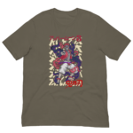 A graphic t-shirt displays a dynamic illustration of a muscular figure with colorful flowing elements and bold text featuring Japanese characters and red accents set against a muted fabric backdrop.