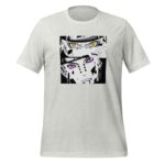 A light gray t-shirt features a graphic of two stylized faces with distinct eye colors one with yellow eyes and the other with purple set against a contrasting black background.