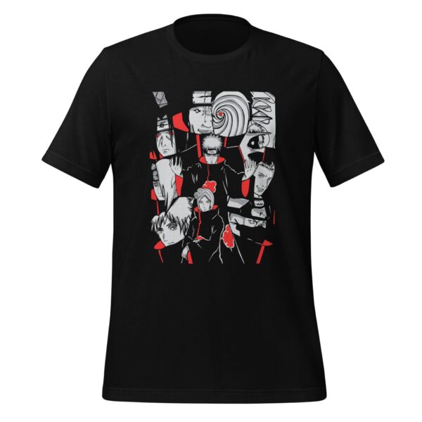 A black t-shirt features a graphic design with various anime characters illustrated in red and gray  displaying distinct expressions and poses against a contrasting background.