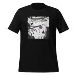 A black t-shirt features a graphic design showing two characters with distinct eye colors and facial expressions in a split panel style against a simple background.
