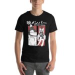 A person wears a black t-shirt featuring graphic artwork of characters from a fictional series with text that reads Akatsuki's Member and Japanese characters in a casual setting.