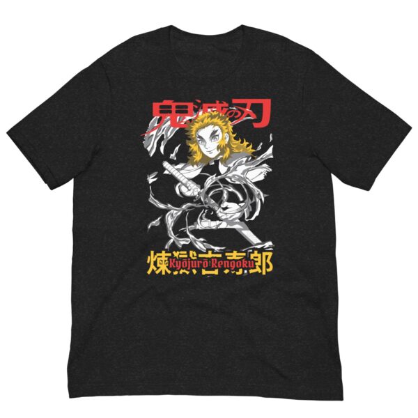 A black t-shirt displays an anime character with bright hair wielding a sword amidst swirling energy. Text includes the character's name and series in Japanese and English.