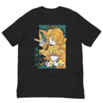 A black T-shirt features an illustration of two anime characters in dynamic poses one is wielding a sword while the other looks distressed surrounded by vibrant orange and blue elements with text in Japanese.