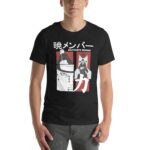 A person wearing a black t-shirt stands with arms relaxed the shirt features anime character illustrations and the phrase AKATSUKI'S MEMBER in both English and Japanese characters