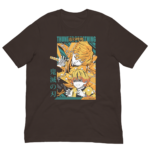 A brown t-shirt features a vibrant illustration of two characters. One appears confident while the other looks distressed in a dynamic action pose. The background includes bold colors and shapes. Text reads "THUNDER BREATH THING" and "鬼滅の刃" below a character name.