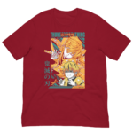 A red t-shirt features an illustrated design of two characters with expressive features the top character wields a sword and the bottom character appears distressed surrounded by dynamic lines and colors. Text includes "THUNDER BREATH THING" and "鬼滅の刃" along with the name "Zenitsu Agatsuma."