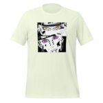 A light-colored t-shirt features a graphic design of two stylized faces in black and white with striking yellow and purple eyes both displaying intense expressions.