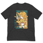 A black t-shirt features vibrant anime-style artwork showing two young male characters with distinct hairstyles and expressions one holding a sword and the other looking distressed with bright colors in the background. Text includes Thunder of Breath and 東の呼吸.