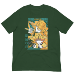 A green t-shirt features an illustration of two characters with distinct hairstyles and expressions. One character holds a sword while the other appears distressed against a colorful background. Text includes "THUNDER BREATH" and "鬼滅の刃" along with the name "Zenitsu Agatsuma."