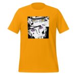 A bright yellow t-shirt features a graphic of two anime characters with distinct eye colors in a black and white style overlapping each other in a square design.
