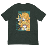 A dark green t-shirt features vibrant anime characters with one character wielding a sword and expressing concern while the other appears distressed surrounded by dynamic graphic elements including stylized text.