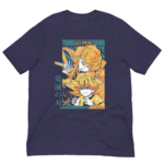 A t-shirt features an illustration of two anime characters one with a katana and the other looking distressed surrounded by dynamic geometric shapes and a bright color palette with text detailing their identities.