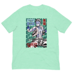 A mint green t-shirt features a stylized character with stripes and an outstretched hand surrounded by Japanese text and graphic elements emphasizing "Upper Moon" and "Demon Slayer."