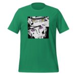 A green t-shirt features a graphic design with two stylized faces. One face has yellow eyes and the other has purple eyes  both surrounded by black and white artistic elements.