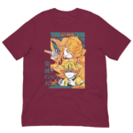 A maroon t-shirt features vibrant anime artwork depicting two characters one appearing fierce with orange hair holding a sword while the other looks distressed with blonde hair surrounded by dynamic geometric patterns. Text includes "THUNDER" and "Zentitsu Agatsuma."
