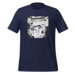 A navy blue t-shirt features a graphic design with two characters' faces displayed in a square format the top character has yellow eyes and the bottom has purple eyes
