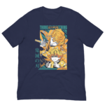 A dark blue t-shirt features a graphic illustration of two characters from an anime. One appears fierce with a sword while the other looks frightened. Text includes "THUNDER BREATHING" and "壱ノ型".