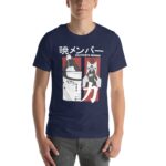 A person wears a navy blue t-shirt featuring an anime graphic showing drawn characters with Japanese text above reading "Akatsuki's Member" and two stylized visuals in black and white.