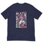 A navy t-shirt features an illustrated character in a dynamic pose with swirling colorful smoke around them the text includes Japanese characters and a prominent red word at the bottom
