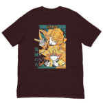 A dark maroon t-shirt features a graphic design of two characters with expressive facial features one holding a katana the scene is vibrant and detailed with Japanese text elements.