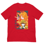A red t-shirt features an illustration of two characters with exaggerated expressions one holding a sword and the other looking fearful surrounded by bright colors and dynamic shapes. Text in Japanese is included.