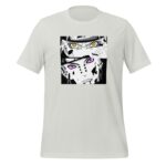 A light-colored t-shirt features a graphic design showing two anime characters with distinctive eyes one with yellow and the other with purple depicting intense expressions against a contrasting background.