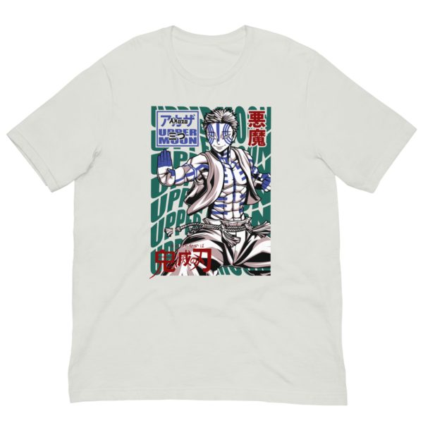 A white t-shirt features an illustrated character with striped blue markings extending from their face and torso Their hand is raised in a defensive pose surrounded by stylized text elements in green and red.