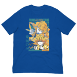 A blue t-shirt features vibrant anime-style artwork showing two characters with one wielding a sword and the other appearing fearful surrounded by dynamic  angular shapes and colors. Text includes "THUNDER BREATHING" and "鬼滅の刃" with the name "Zenitsu Agatsuma."