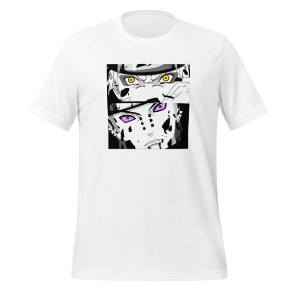 A white t-shirt displays a graphic with two manga-style faces featuring distinct vivid eyes one yellow and one purple surrounded by black and white patterns suggesting an intense emotional context.