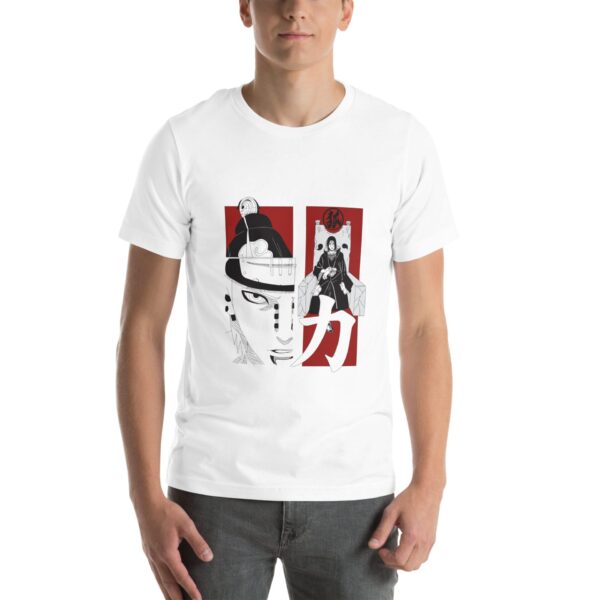 A young man stands wearing a white t-shirt featuring an artistic design of two figures in black and red surrounded by stylized elements conveying energy and strength.