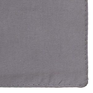 A gray fabric cloth lies flat displaying a smooth texture with a stitched edge in a close-up view against a neutral background suggesting potential use for table settings or craft projects.
