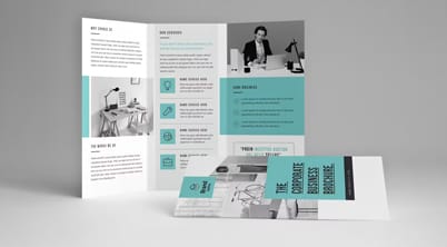 A tri-fold brochure is displayed prominently featuring various sections with text and images related to business services alongside a professional photograph of a person at a desk. The design includes blue and white elements. The title reads THE ULTIMATE BUSINESS GUIDE.