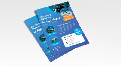 Two promotional flyers showcasing a dining experience with images of underwater scenes and appealing text highlighting the best dining options in Raja Ampat. The color scheme is blue with bold headings.
