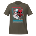 A brown t-shirt displays a colorful graphic featuring four stylized cat faces and a large red figure with exaggerated features in the center among Japanese text and designs.