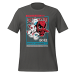 A gray t-shirt displays a colorful graphic featuring four cat faces and a red character's face with a long nose centralized. Text includes "KIMETSU NO YAIBA " "水柱 " and "SAKONJI UROKODAKI."