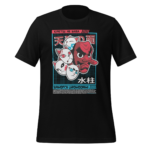 A black t-shirt displays a colorful graphic featuring four stylized faces one is red with a long nose and the others are white with various expressions and blue eyes with Japanese text above and below