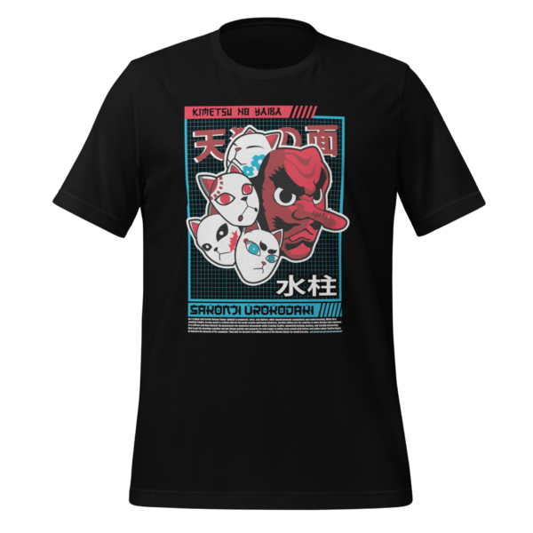 A black t-shirt displays a colorful graphic featuring four stylized faces one is red with a long nose and the others are white with various expressions and blue eyes with Japanese text above and below