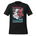 A black t-shirt displays vibrant graphic art featuring stylized white and red animal faces stacked with a large red masked character. Text elements include "KIMETSU NO YAIBA" and "SAKONJI UROKODAKI" at the bottom.