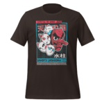 A black t-shirt features a graphic design with four stylized cat faces and a red character with a long nose. Text includes "KIMETSU NO YAIBA" and "SAKONJI UROKODAKI."