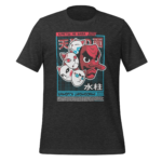 A black t-shirt features an illustrated design with four cat faces stacked with a large red masked face on top. Text includes "KIMETSU NO YAIBA" and "SAKONJI UROKODAKI" beneath.