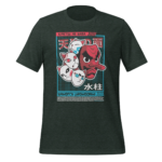 A dark green t-shirt features a graphic design of stylized animal faces and a red character's face with a long nose against a grid background with text in different languages.