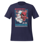 A navy t-shirt displays a graphic featuring five stylized cat faces stacked around a red humanoid character's face with a long nose in a retro design. Text is prominently displayed above and below the image.