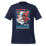 A navy blue t-shirt features a graphic design of four stylized cat faces and a red mask. Text includes "KIMETSU NO YAIBA" and "SAKONJI UROKODaki" in a retro layout.