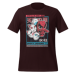 A maroon t-shirt displays a graphic featuring a red-faced character and several stylized cat heads  with Japanese text above and below them and a grid background  creating a vibrant and playful design.
