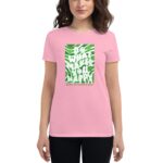 A woman stands wearing a pink t-shirt featuring a green graphic that says "DO WHAT MAKES YOU HAPPY" along with "HAPPY ST. PATRICK'S DAY" in a festive context.