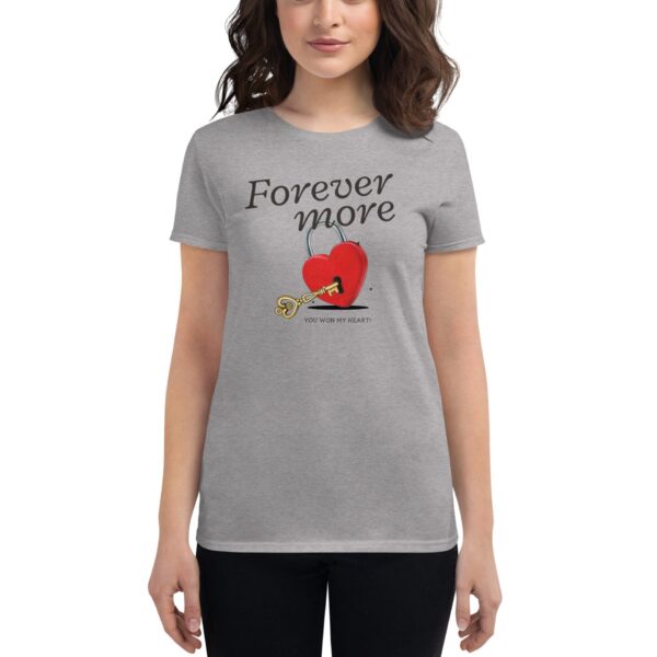 A woman wears a gray t-shirt featuring a graphic of a red heart lock with a key piercing it the text reads Forever more you won my heart