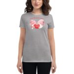 A gray t-shirt features a design of two gnomes holding a red heart with the word Love and text above it says A love like gnome other in playful font.