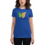 A person is wearing a bright blue t-shirt featuring a green butterfly and sunflowers along with the text St. Patrick it's a lucky Day  suggesting a celebration theme.