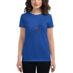 A blue t-shirt features a graphic design of two hands reaching for each other with a red heart placed between them expressing connection and warmth against a simple background.